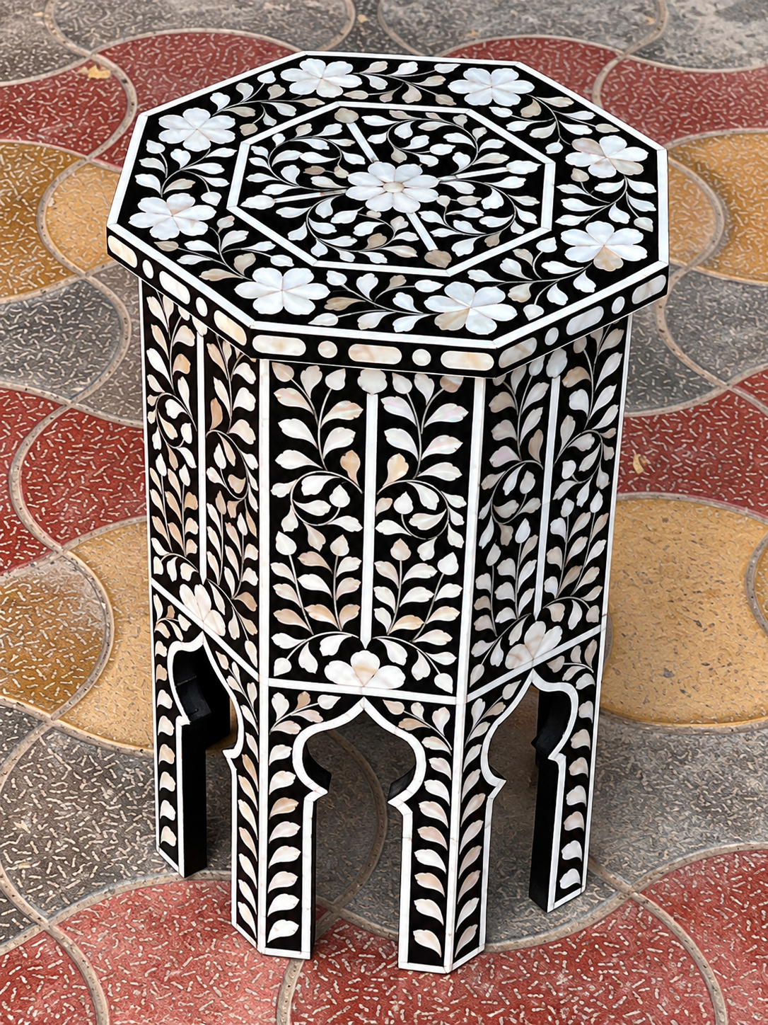 Black Mother of Pearl inlay octagonal end table with handmade floral vine design