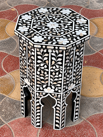 Black Mother of Pearl inlay octagonal end table with handmade floral vine design
