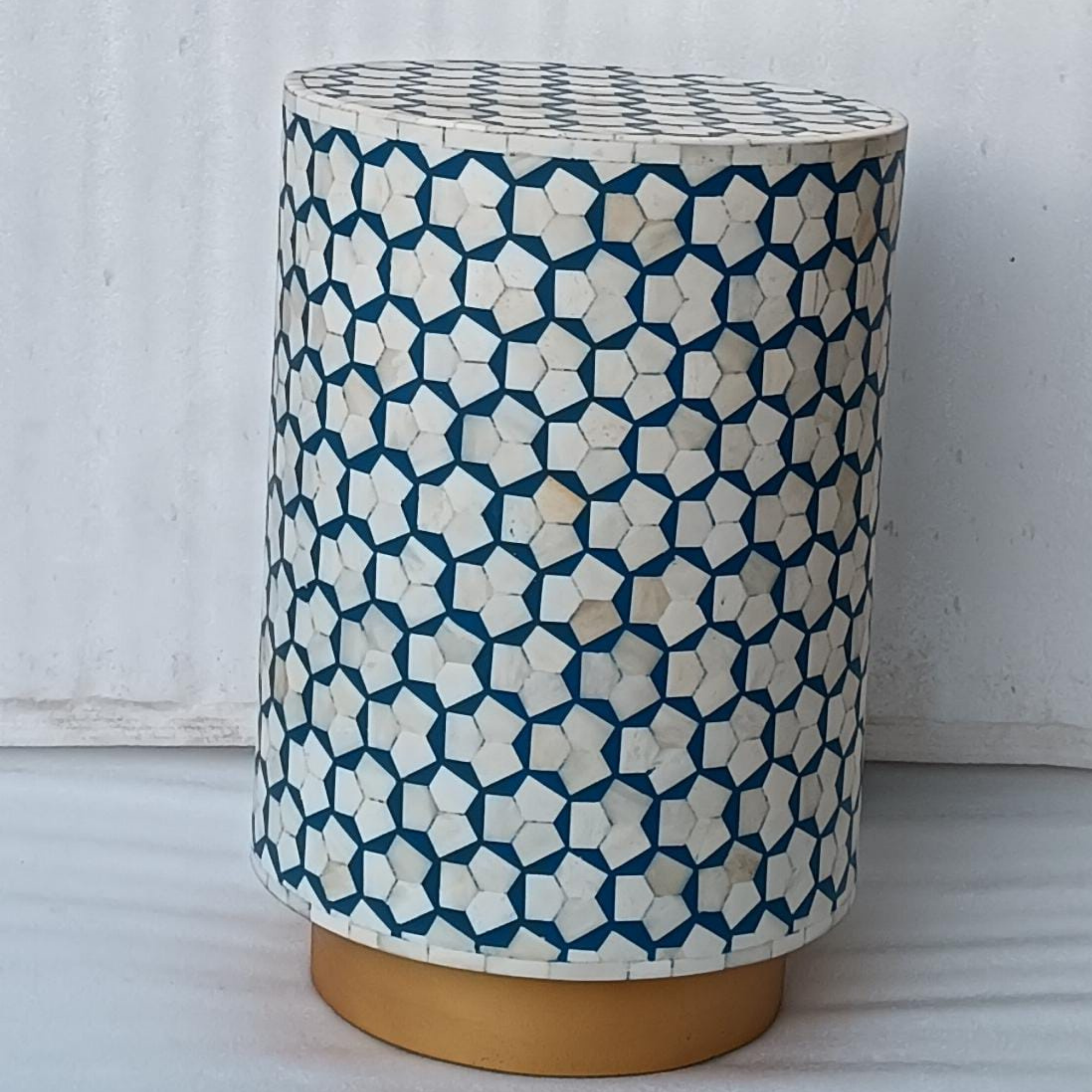Handmade Blue Bone Inlay End Table | Geometric Bone Inlay Side Table | Luxury Accent Table