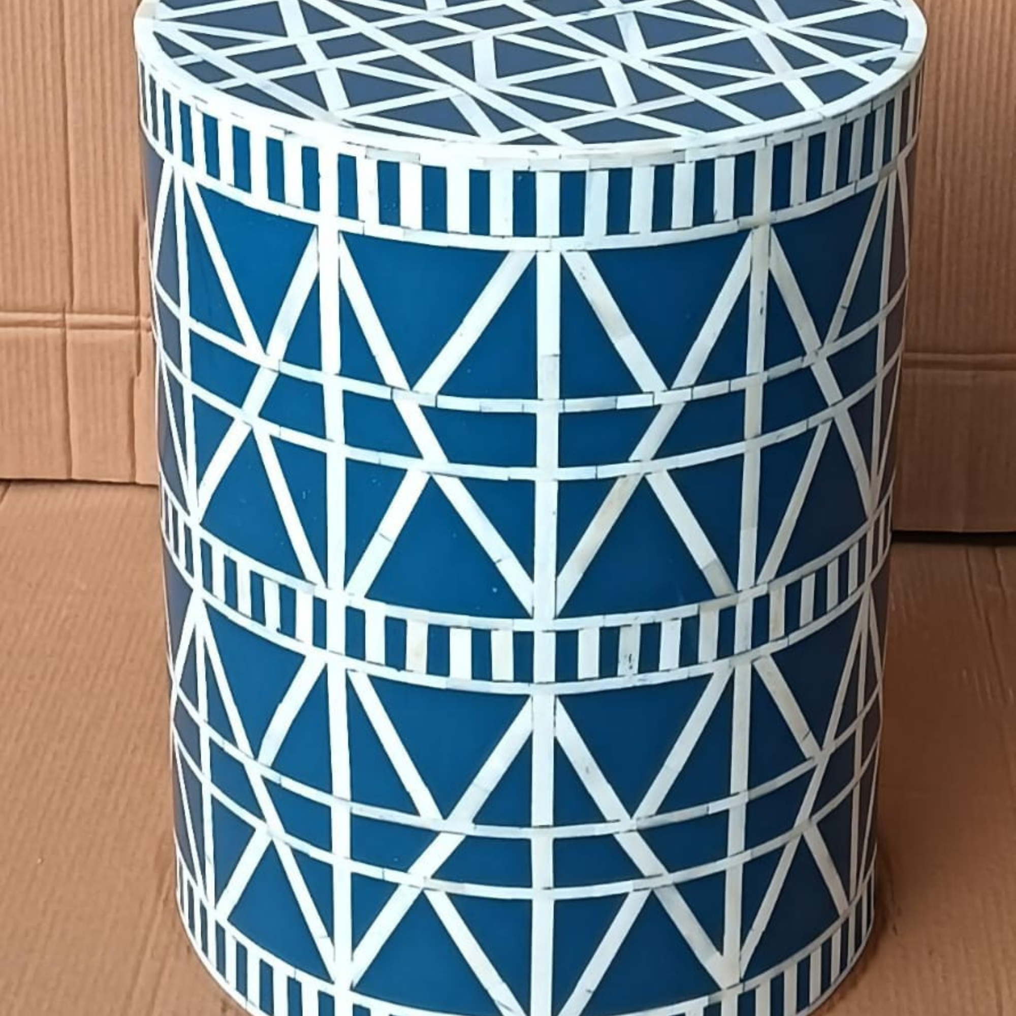 Handmade Blue Bone Inlay End Table | Round Geometric Side Table | Luxury Accent Furniture for Living Room, Bedroom & Hotel