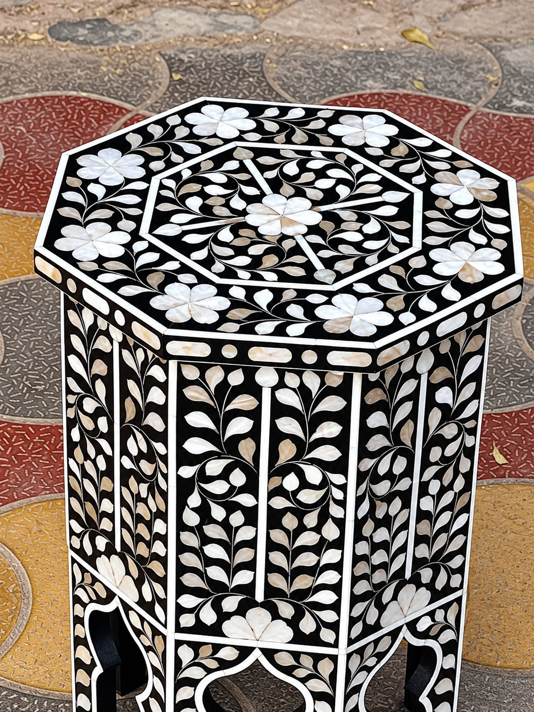 Black Mother of Pearl Inlay End Table – Handmade Octagonal Floral Side Table