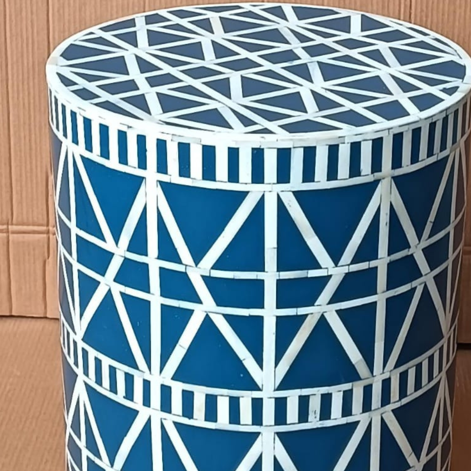 Handmade Blue Bone Inlay End Table | Round Geometric Side Table | Luxury Accent Furniture for Living Room, Bedroom & Hotel