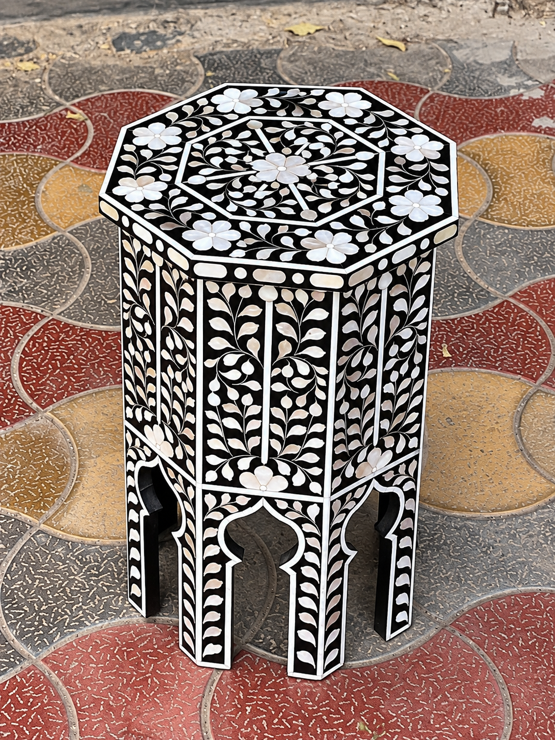 Black Mother of Pearl Inlay End Table – Handmade Octagonal Floral Side Table