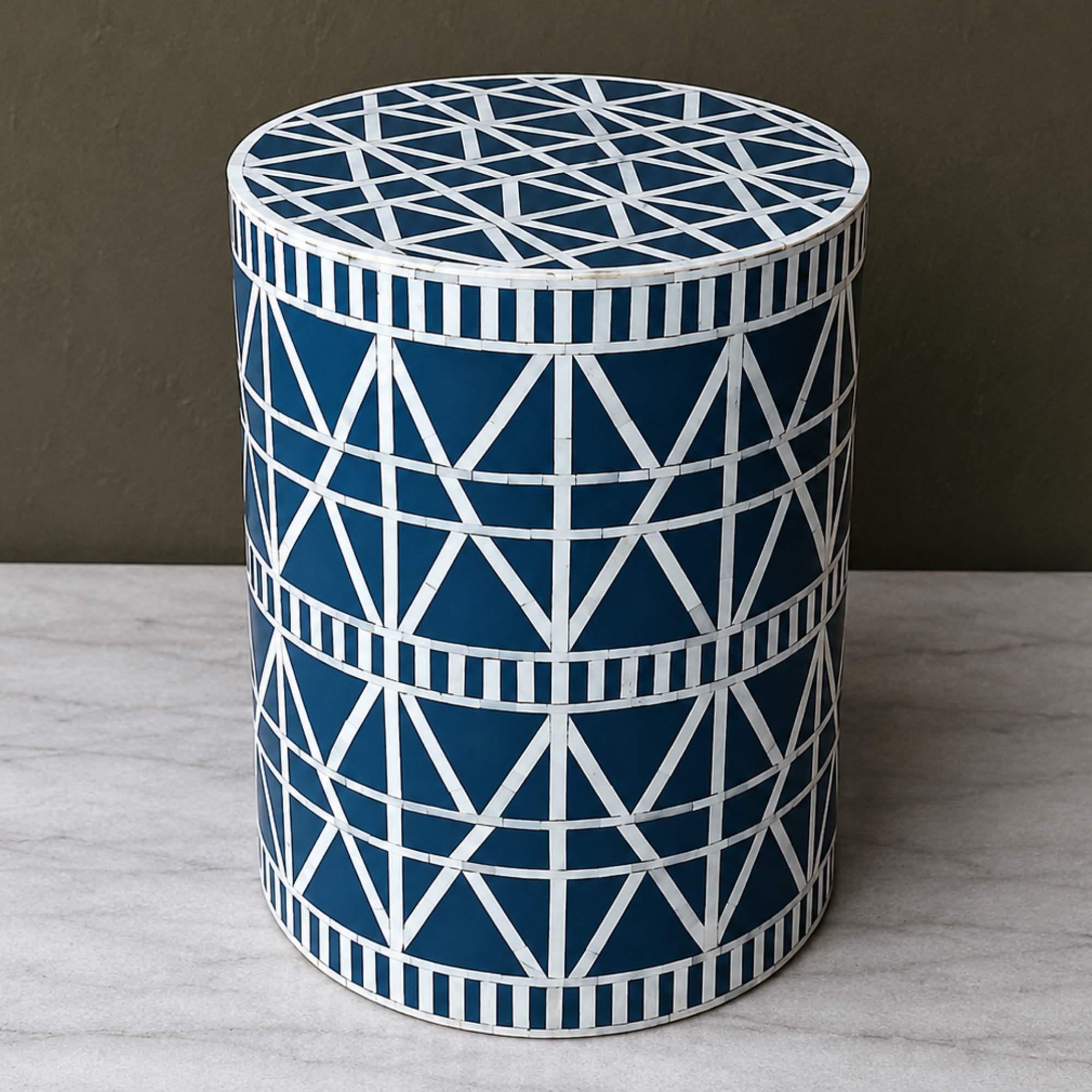 Handmade Blue Bone Inlay End Table | Round Geometric Side Table | Luxury Accent Furniture for Living Room, Bedroom & Hotel