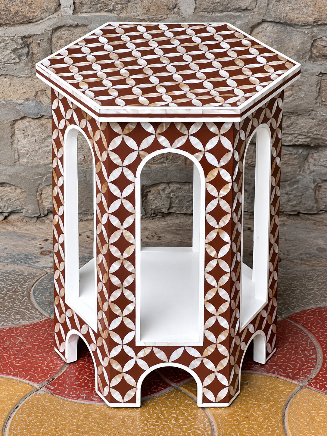 Handmade brown Mother of Pearl inlay hexagonal end table with geometric petal pattern and lower shelf