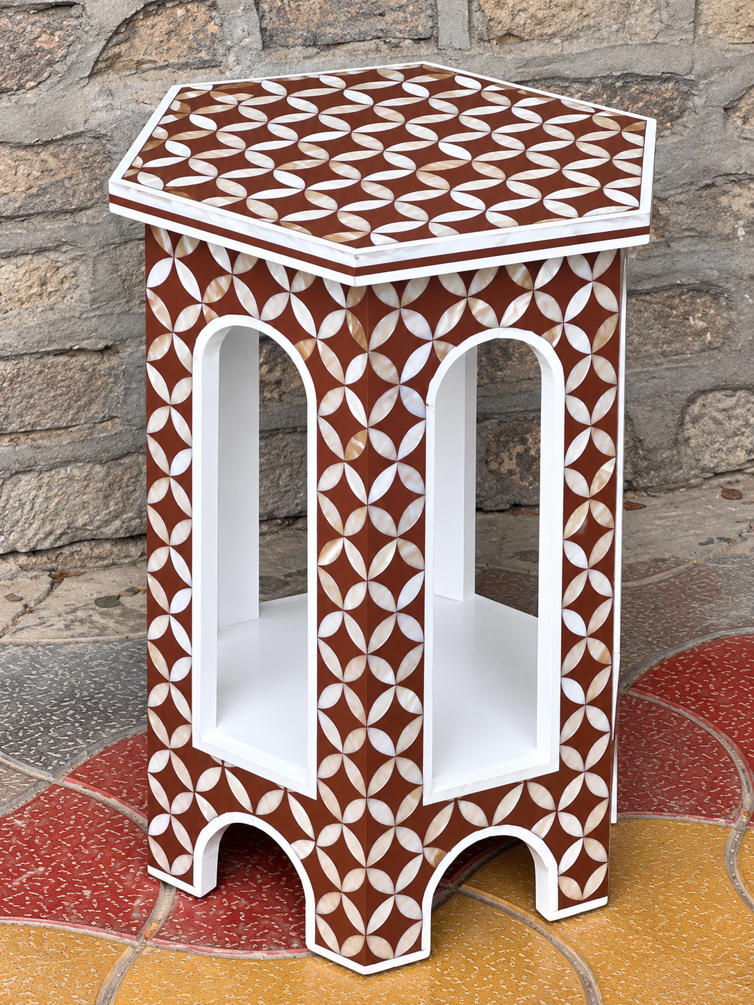 Brown Mother of Pearl Inlay End Table – Handmade Hexagonal Geometric Side Table