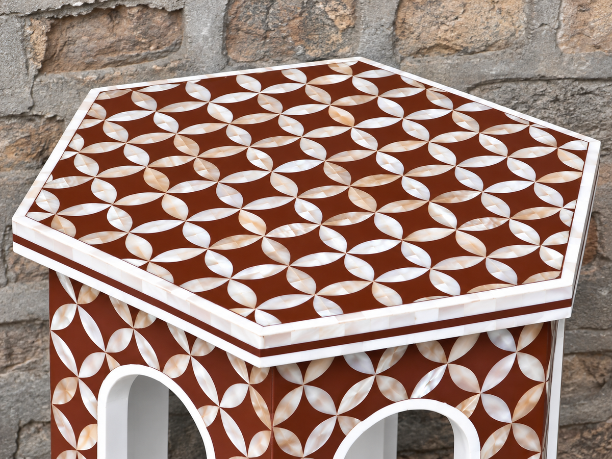 Brown Mother of Pearl Inlay End Table – Handmade Hexagonal Geometric Side Table