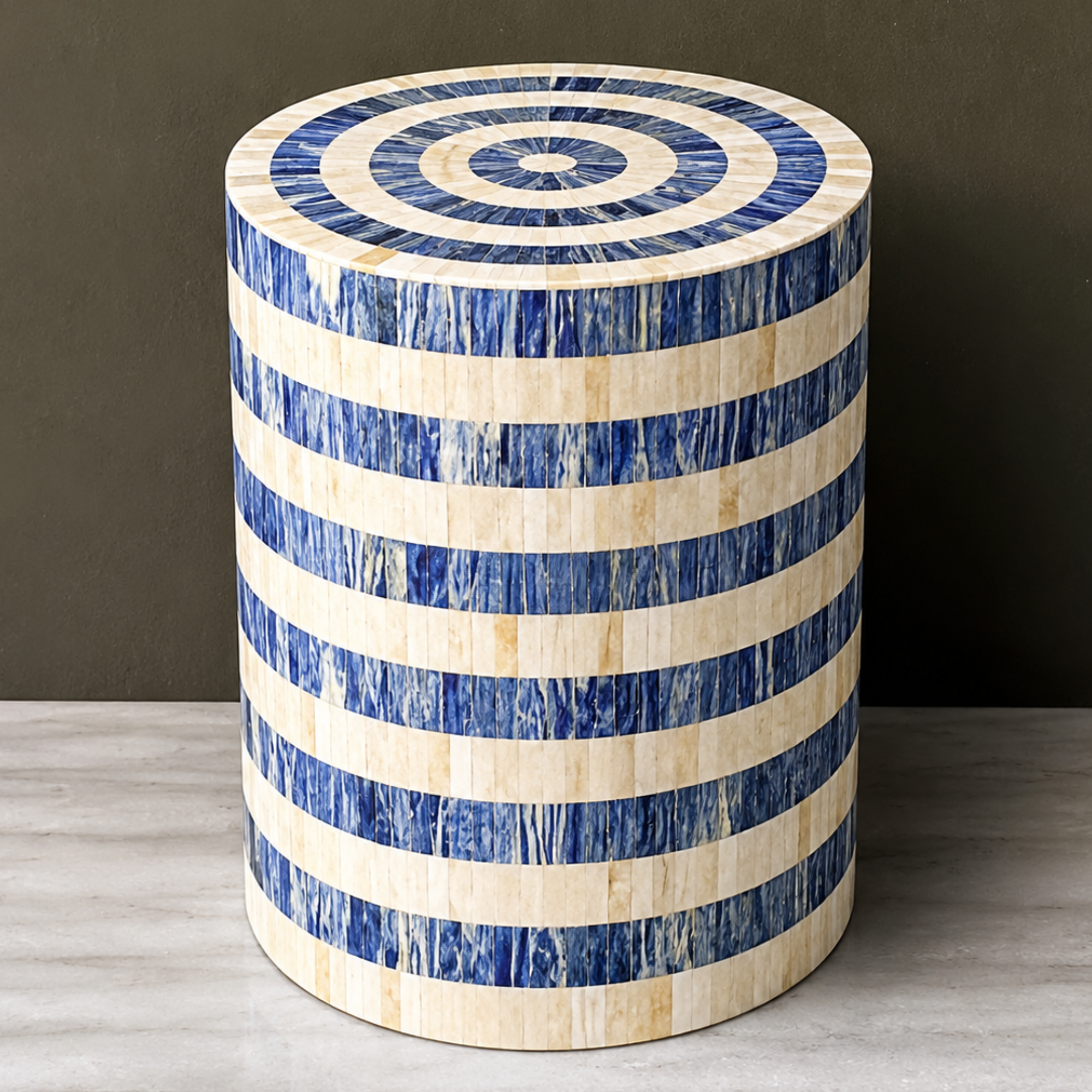 Handmade indigo Stripe Bone Inlay End Table | Round Accent Side Table