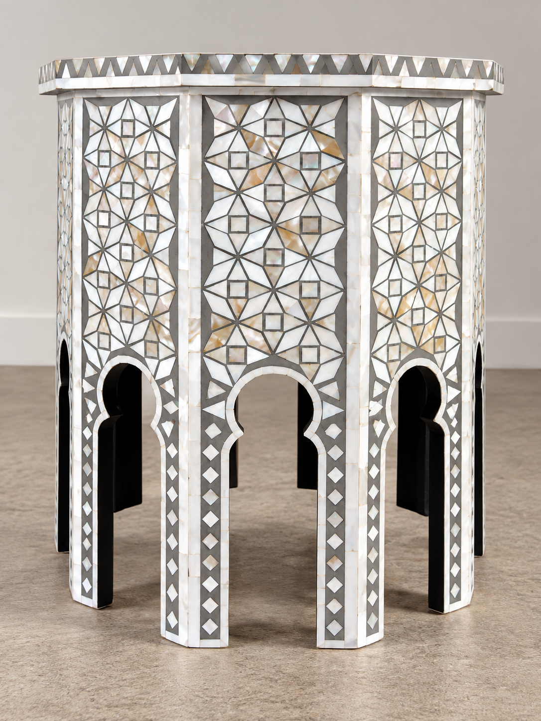 Grey Mother of Pearl Inlay End Table – Handmade Octagonal Geometric Side Table
