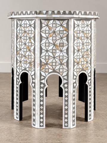 Grey Mother of Pearl Inlay End Table – Handmade Octagonal Geometric Side Table