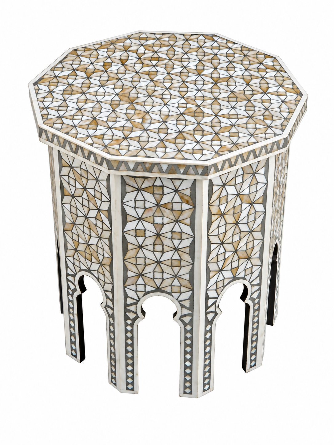 Grey Mother of Pearl Inlay End Table – Handmade Octagonal Geometric Side Table
