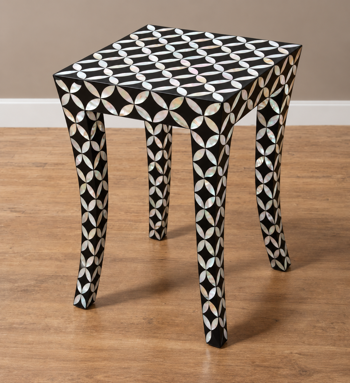 Black Mother of Pearl Inlay Side Table – Handmade Geometric End Table