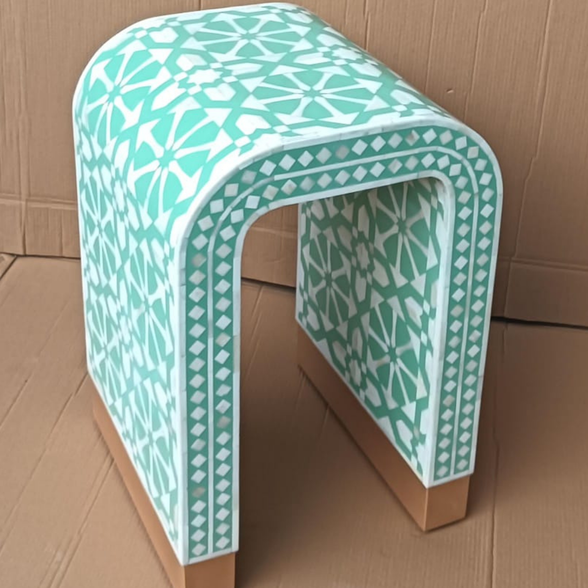 Handmade Mint Green Bone Inlay Arrow Design End Table | Modern Geometric Accent Table