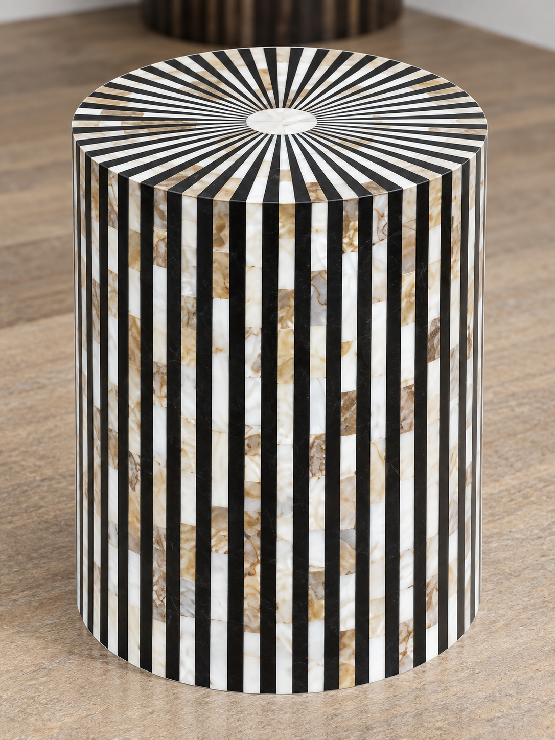 Black & White Mother of Pearl Inlay End Table – Handmade Striped Round Side Table