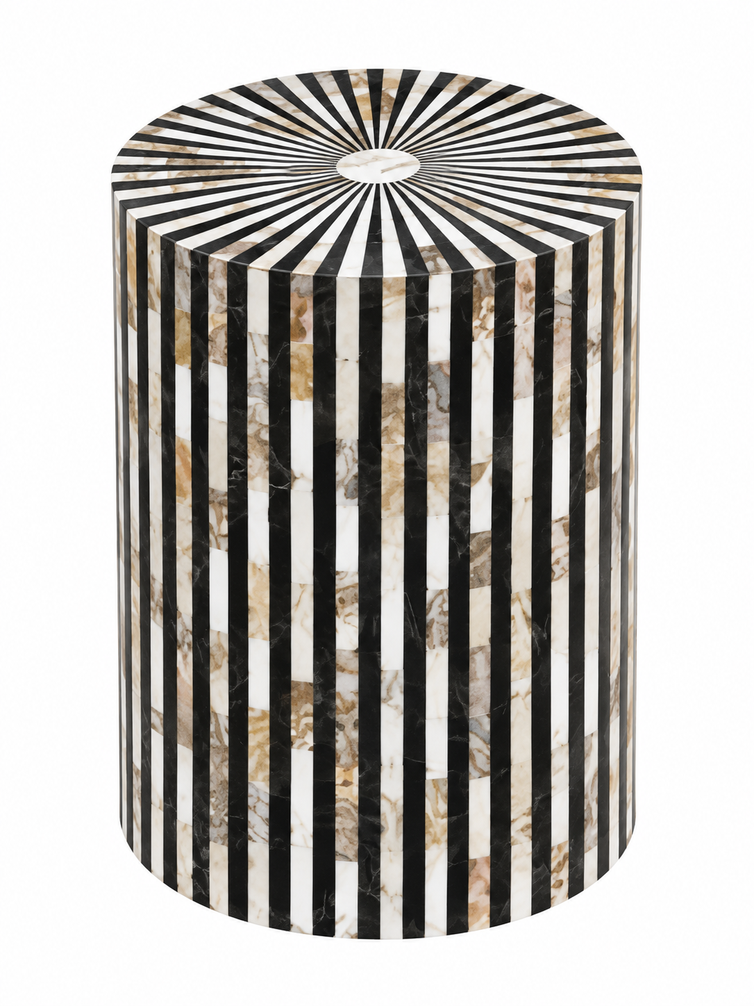 Black & White Mother of Pearl Inlay End Table – Handmade Striped Round Side Table