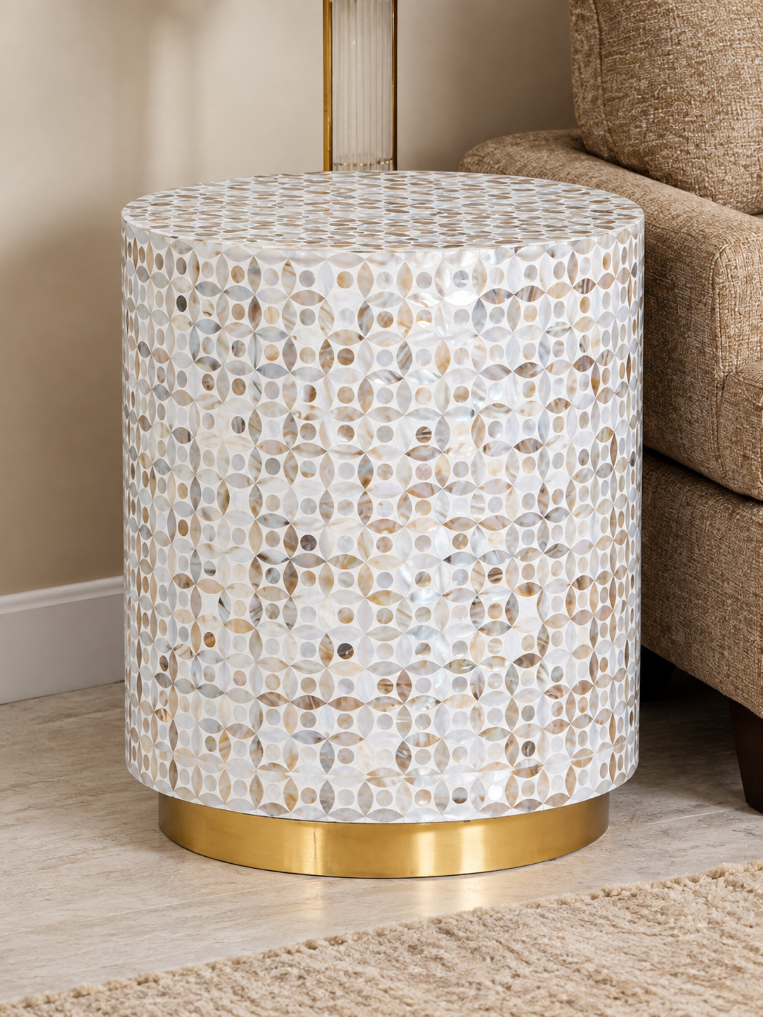 White Mother of Pearl inlay round cylinder end table with geometric pattern and brass-tone base