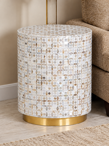 White Mother of Pearl inlay round cylinder end table with geometric pattern and brass-tone base