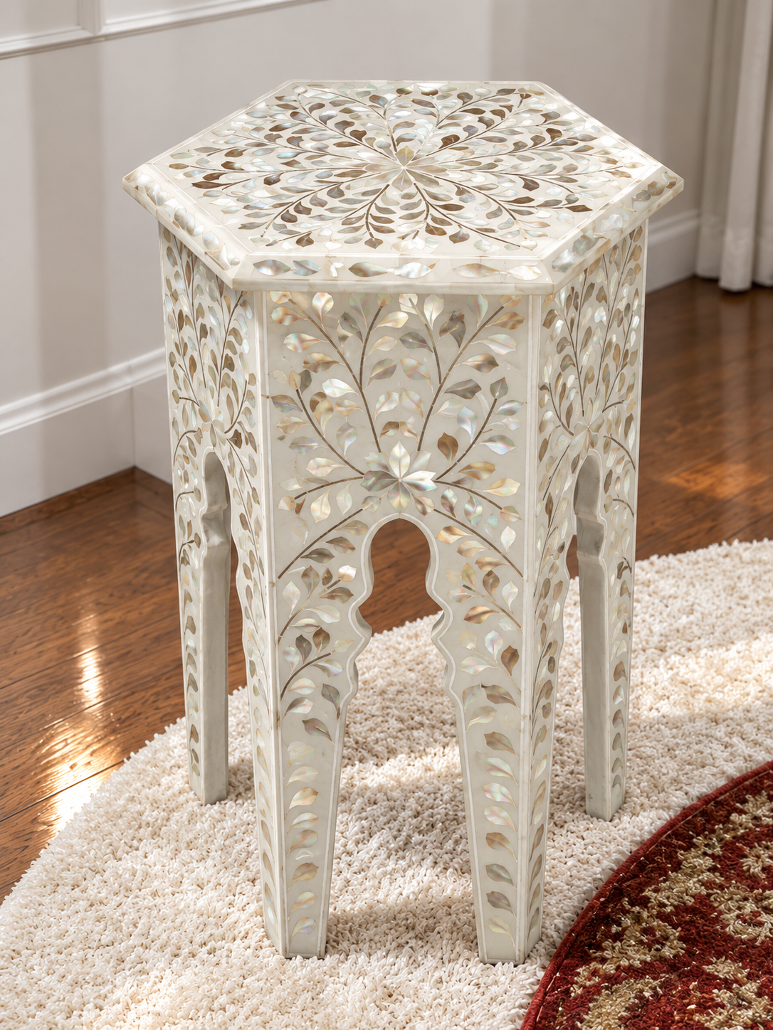 White Mother of Pearl Inlay Hexagon End Table – Handmade Floral Side Table
