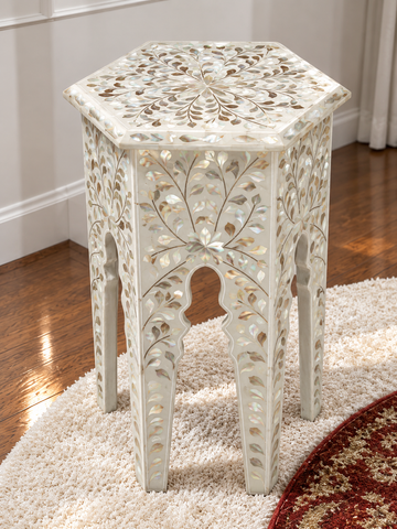 White Mother of Pearl Inlay Hexagon End Table – Handmade Floral Side Table