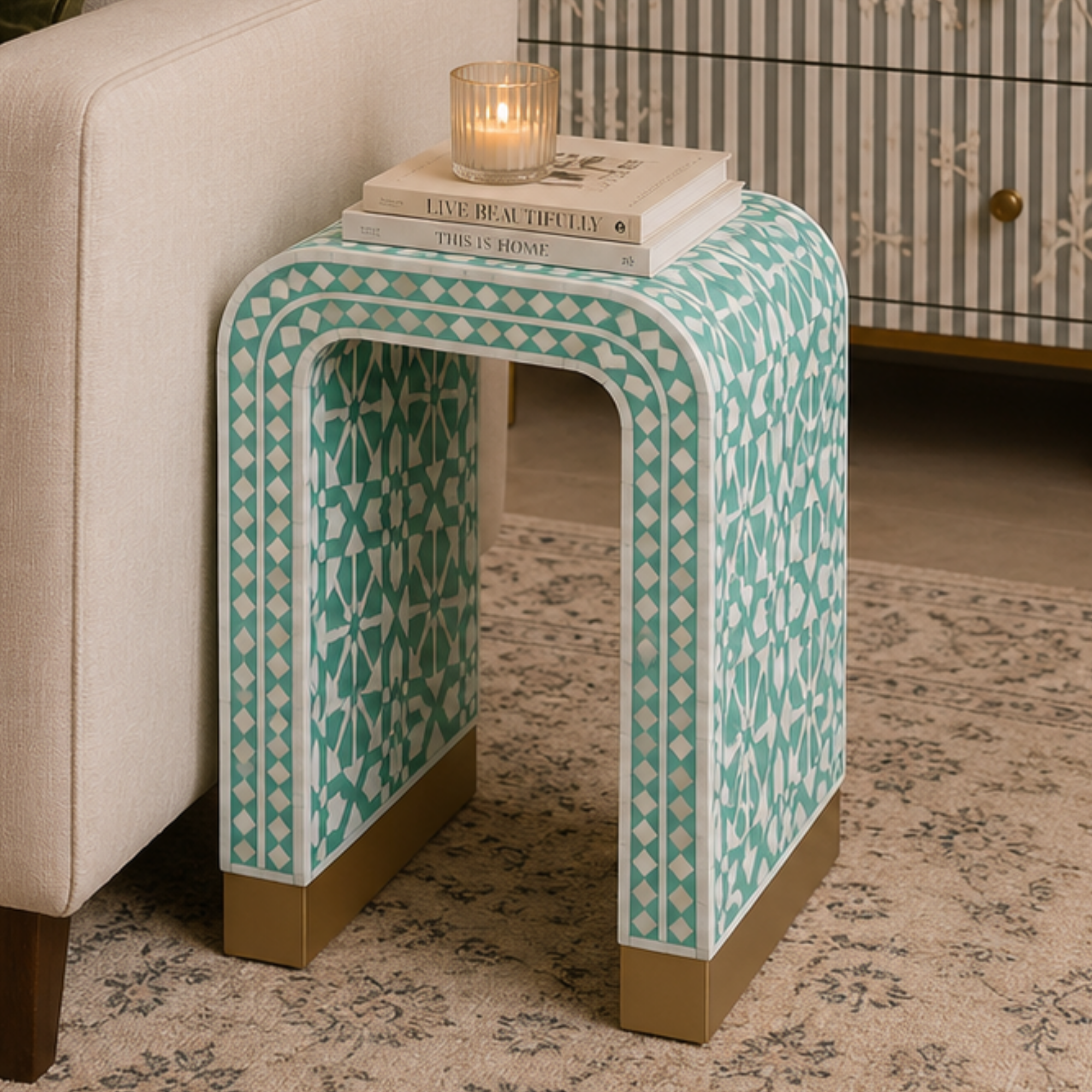 Handmade Mint Green Bone Inlay Arrow Design End Table | Modern Geometric Accent Table