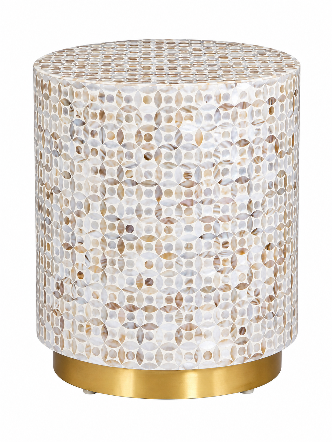 White Mother of Pearl Inlay End Table – Handmade Round Cylinder Side Table with Brass Base