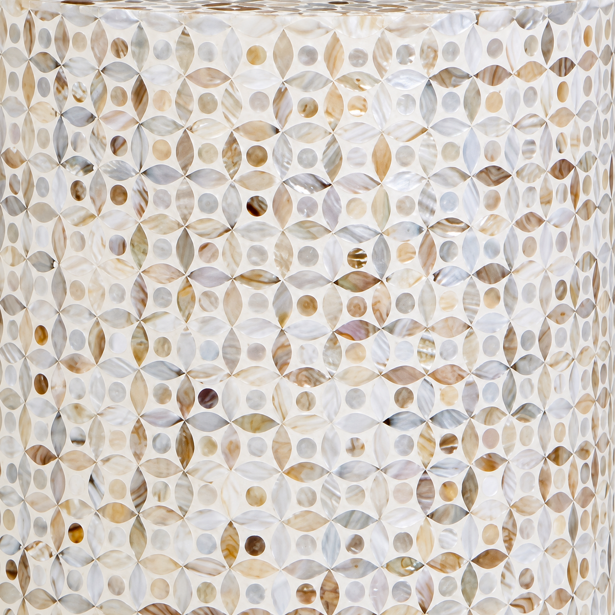 White Mother of Pearl Inlay End Table – Handmade Round Cylinder Side Table with Brass Base
