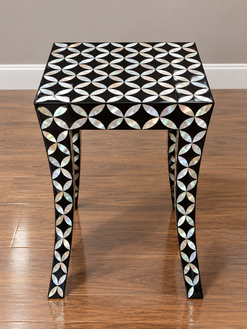 Black Mother of Pearl Inlay Side Table – Handmade Geometric End Table