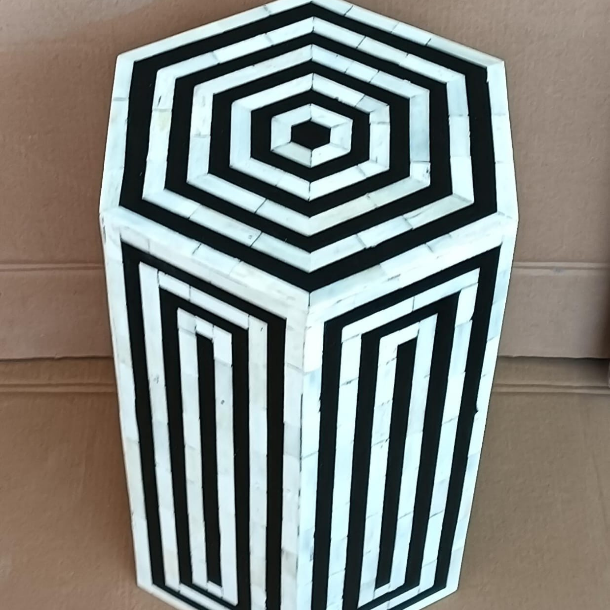 Handmade Black and White Bone Inlay End Table | Geometric Hexagon Accent Table | Luxury Side Table