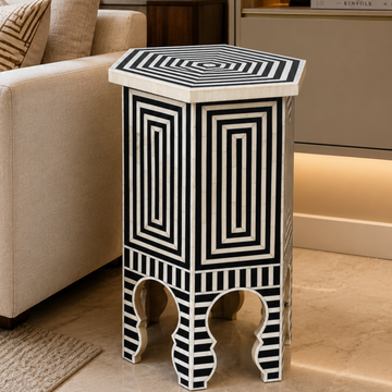 Handmade Black & White Bone Inlay End Table – Geometric Hexagon Moroccan Side Table
