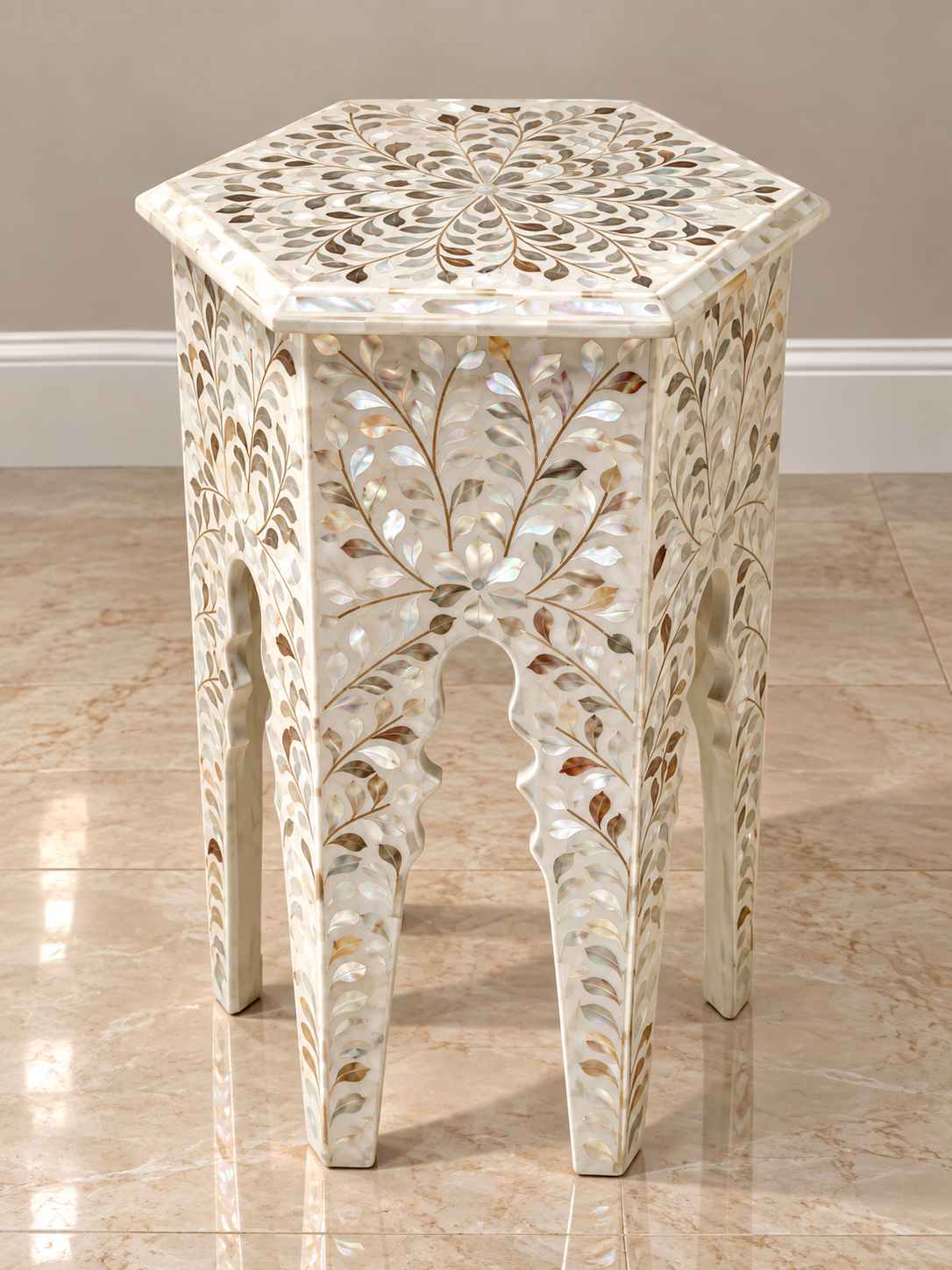 White Mother of Pearl Inlay Hexagon End Table – Handmade Floral Side Table