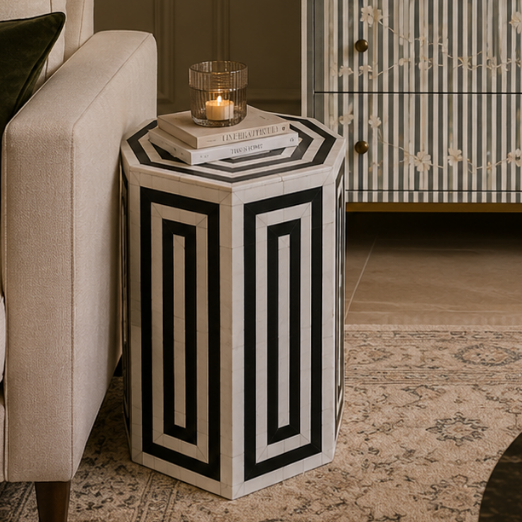 Handmade Black and White Bone Inlay End Table | Geometric Hexagon Accent Table | Luxury Side Table