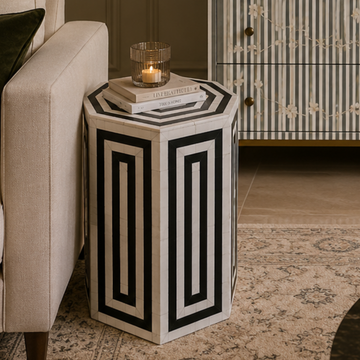 Handmade Black and White Bone Inlay End Table | Geometric Hexagon Accent Table | Luxury Side Table