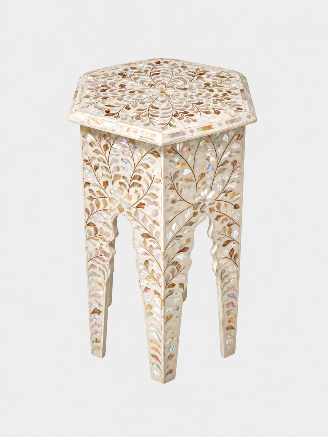 White Mother of Pearl Inlay Hexagon End Table – Handmade Floral Side Table