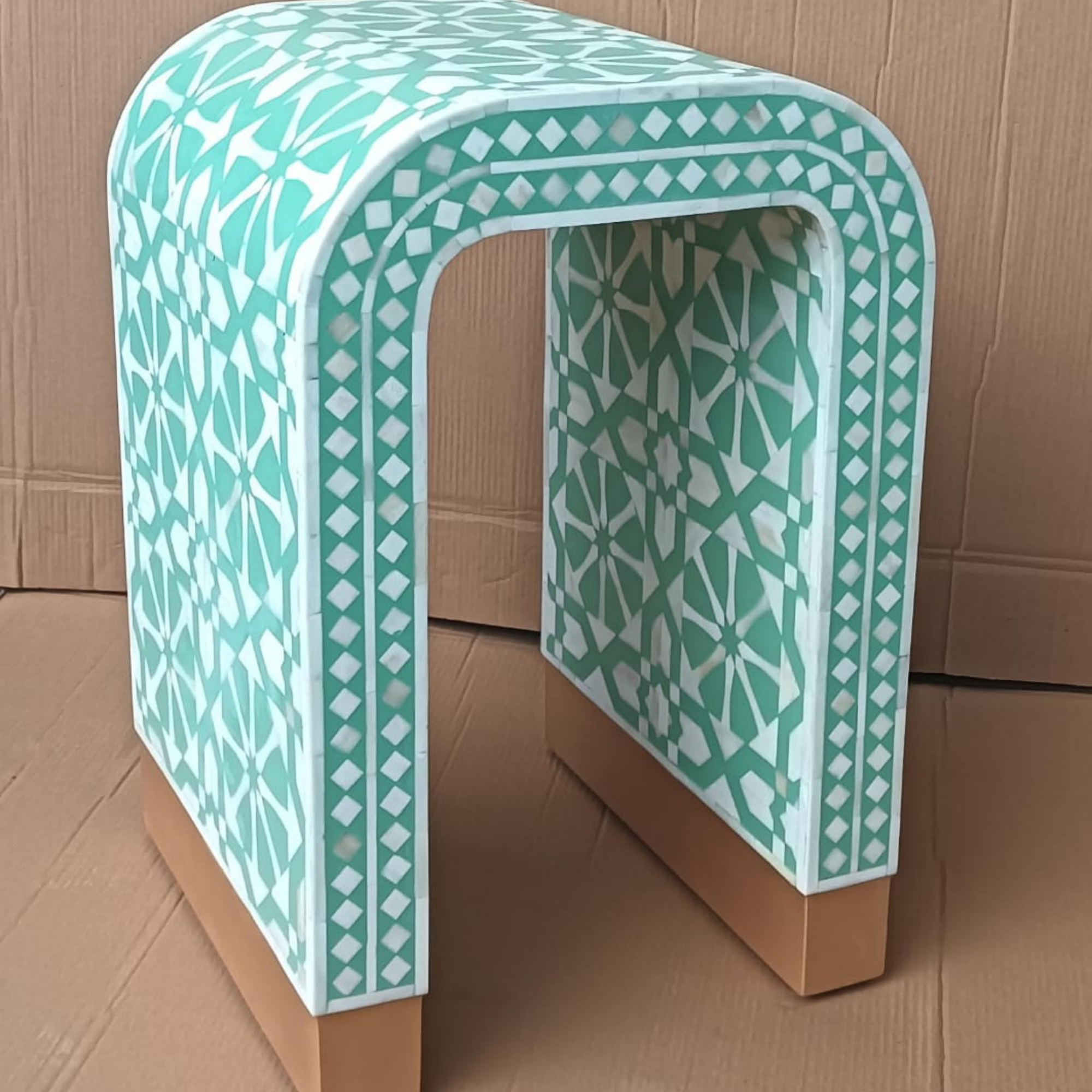 Handmade Mint Green Bone Inlay Arrow Design End Table | Modern Geometric Accent Table