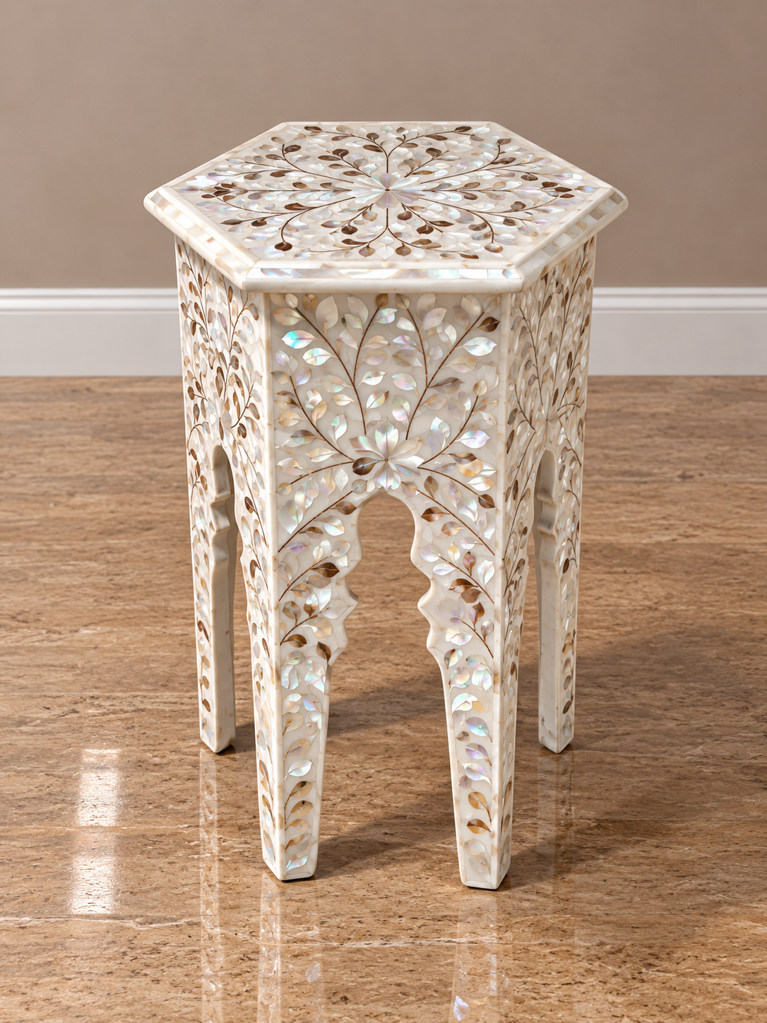 White Mother of Pearl Inlay Hexagon End Table – Handmade Floral Side Table
