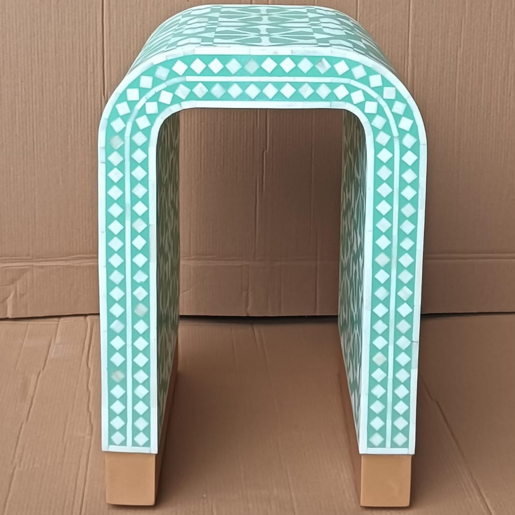 Handmade Mint Green Bone Inlay Arrow Design End Table | Modern Geometric Accent Table