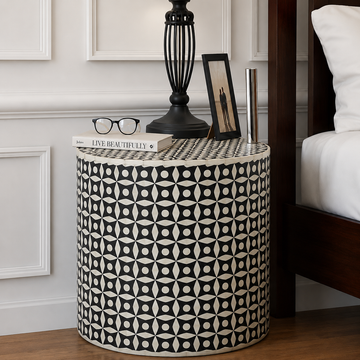 Handmade Bone Inlay Round End Table Black Geometric Floral Pattern Accent Side Table Modern Decorative Furniture