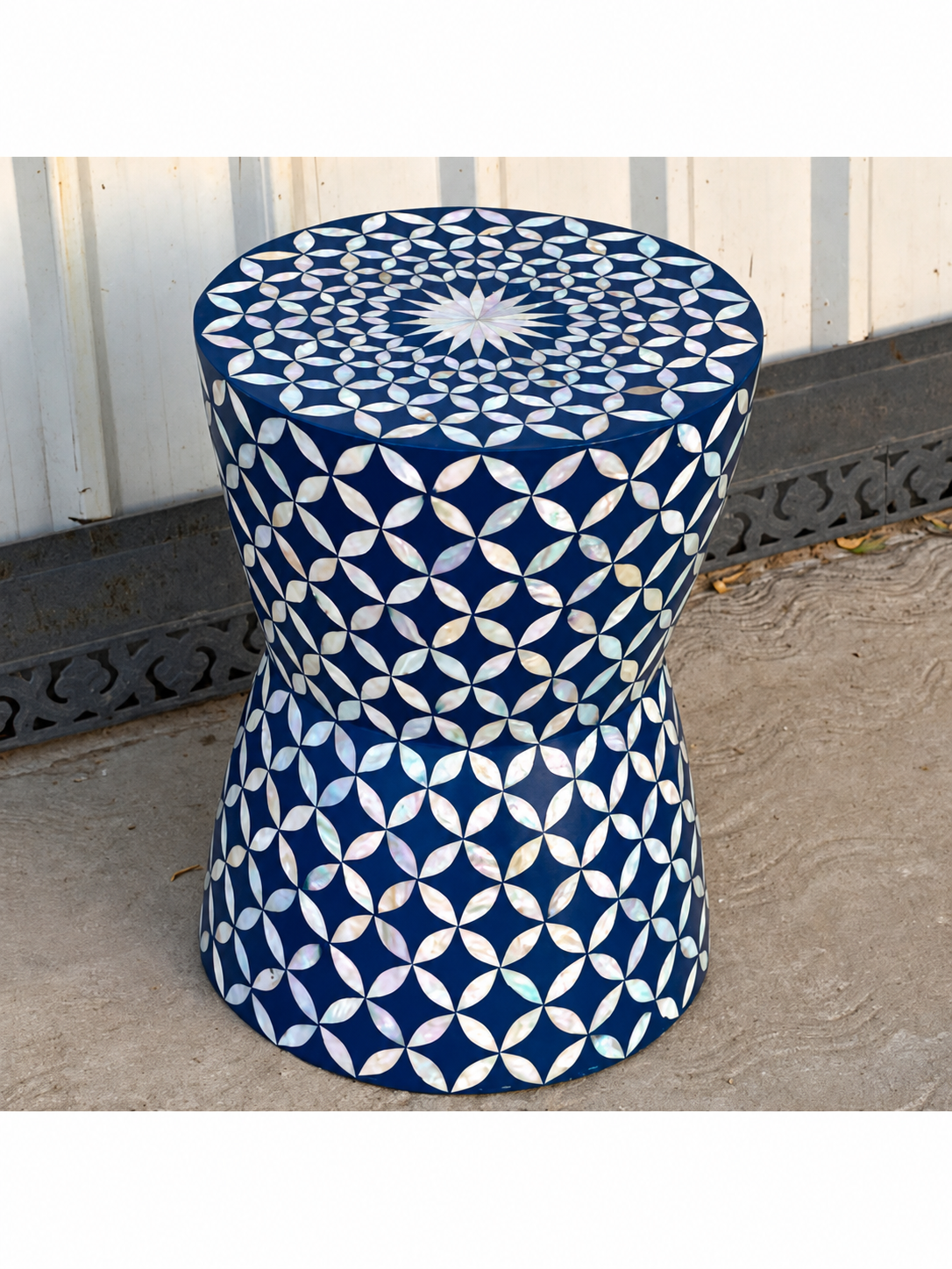 Blue Mother of Pearl Inlay End Table – Handmade Round Drum Side Table