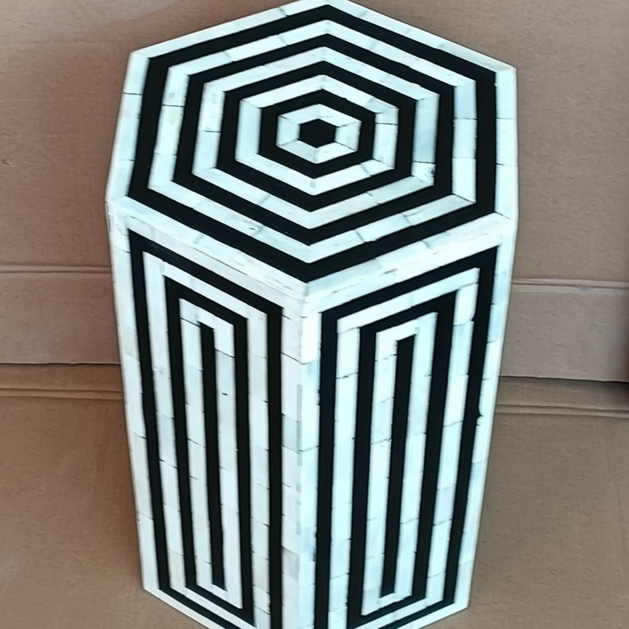 Handmade Black and White Bone Inlay End Table | Geometric Hexagon Accent Table | Luxury Side Table