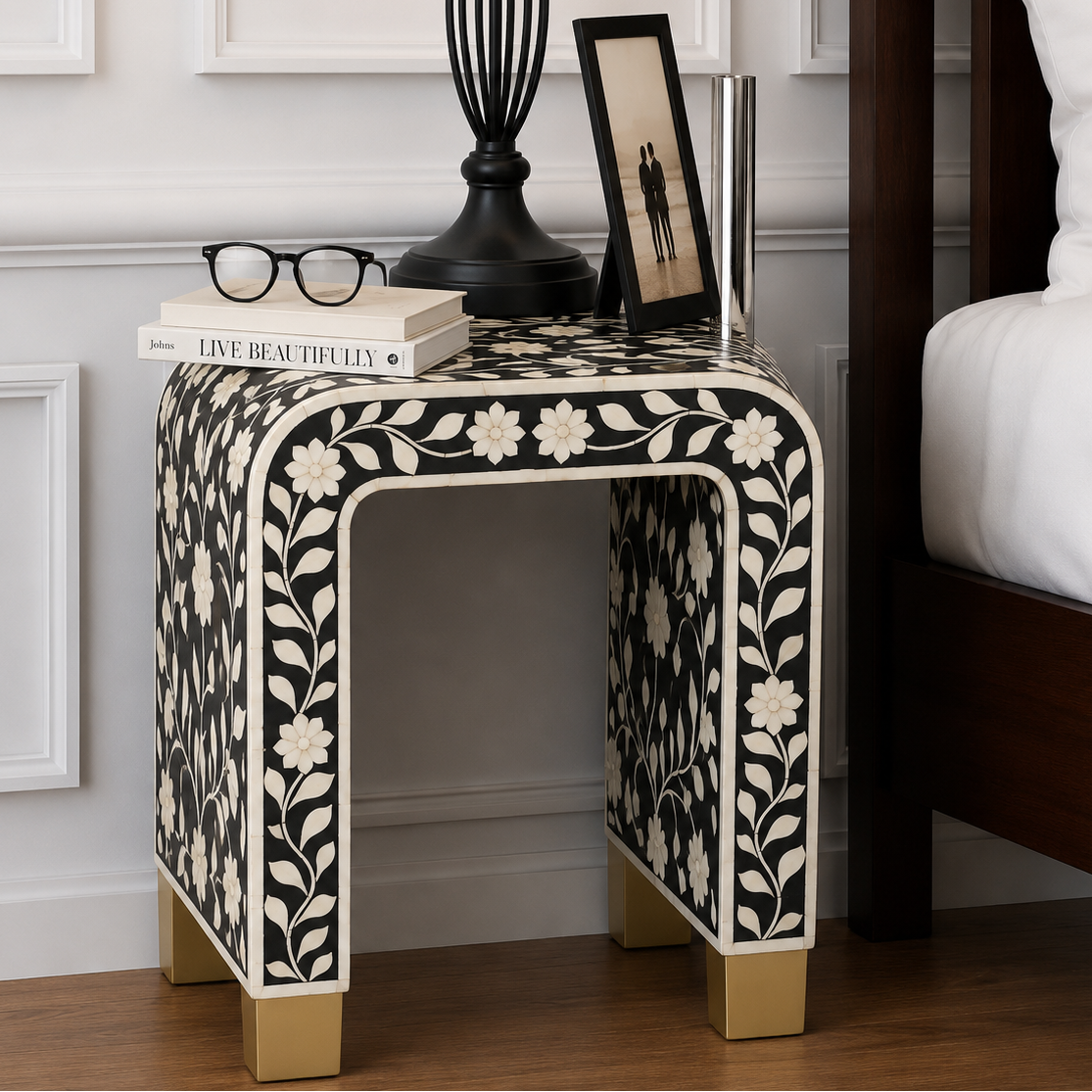 Black Bone Inlay Side Table – Handmade Floral Accent Stool