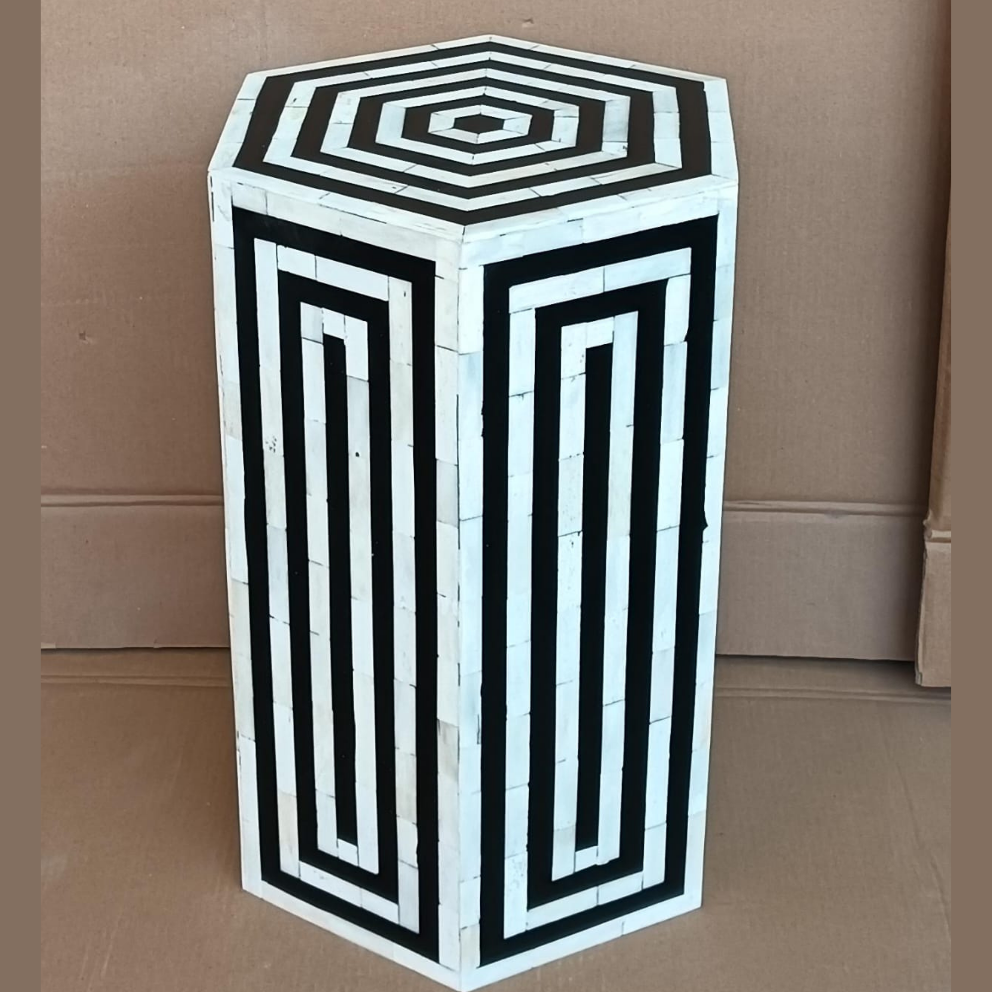 Handmade Black and White Bone Inlay End Table | Geometric Hexagon Accent Table | Luxury Side Table