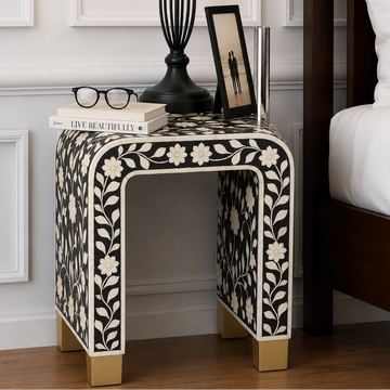 Black Bone Inlay Side Table – Handmade Floral Accent Stool