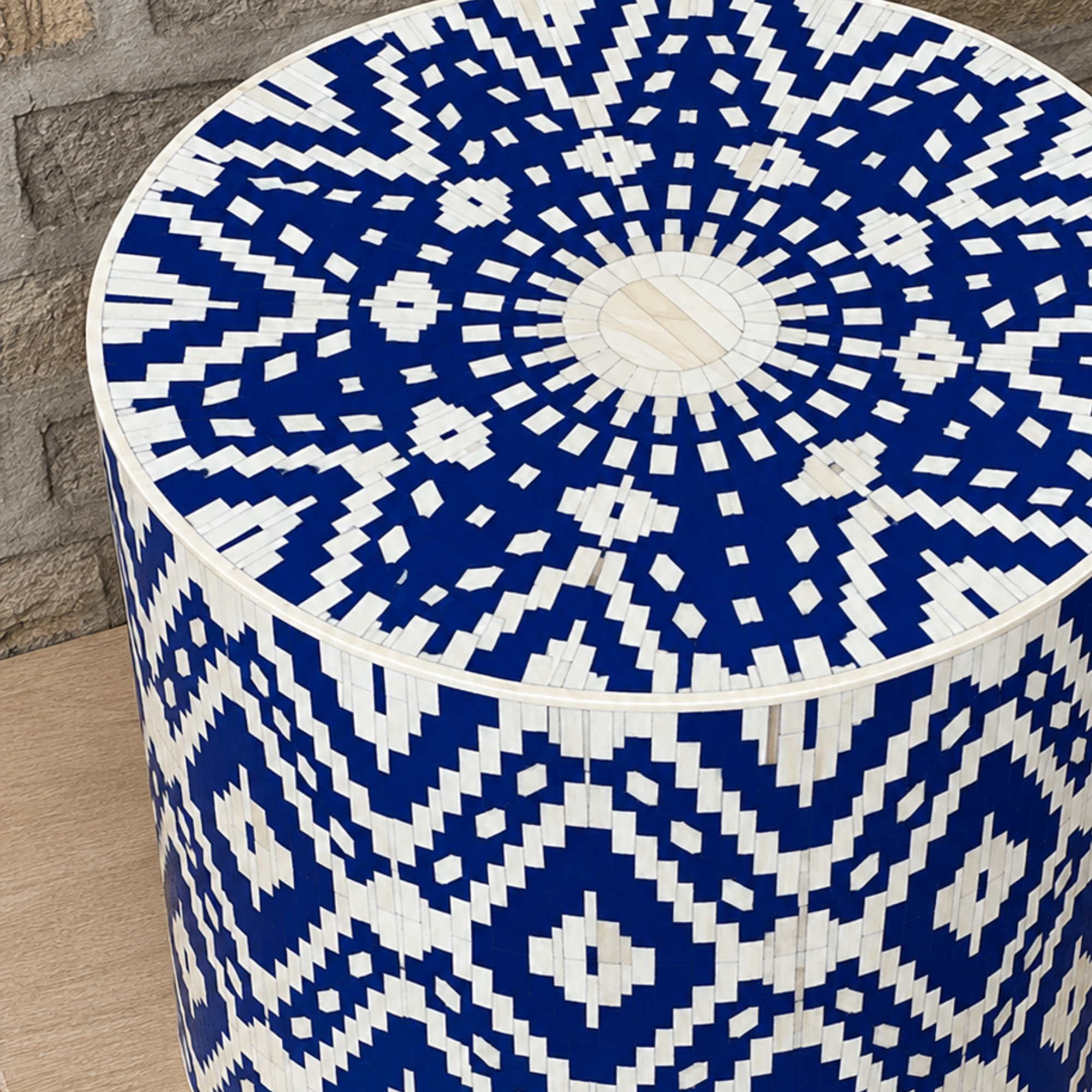 Cobalt Blue Geometric Bone Inlay Drum Side Table – Handmade Round End Table