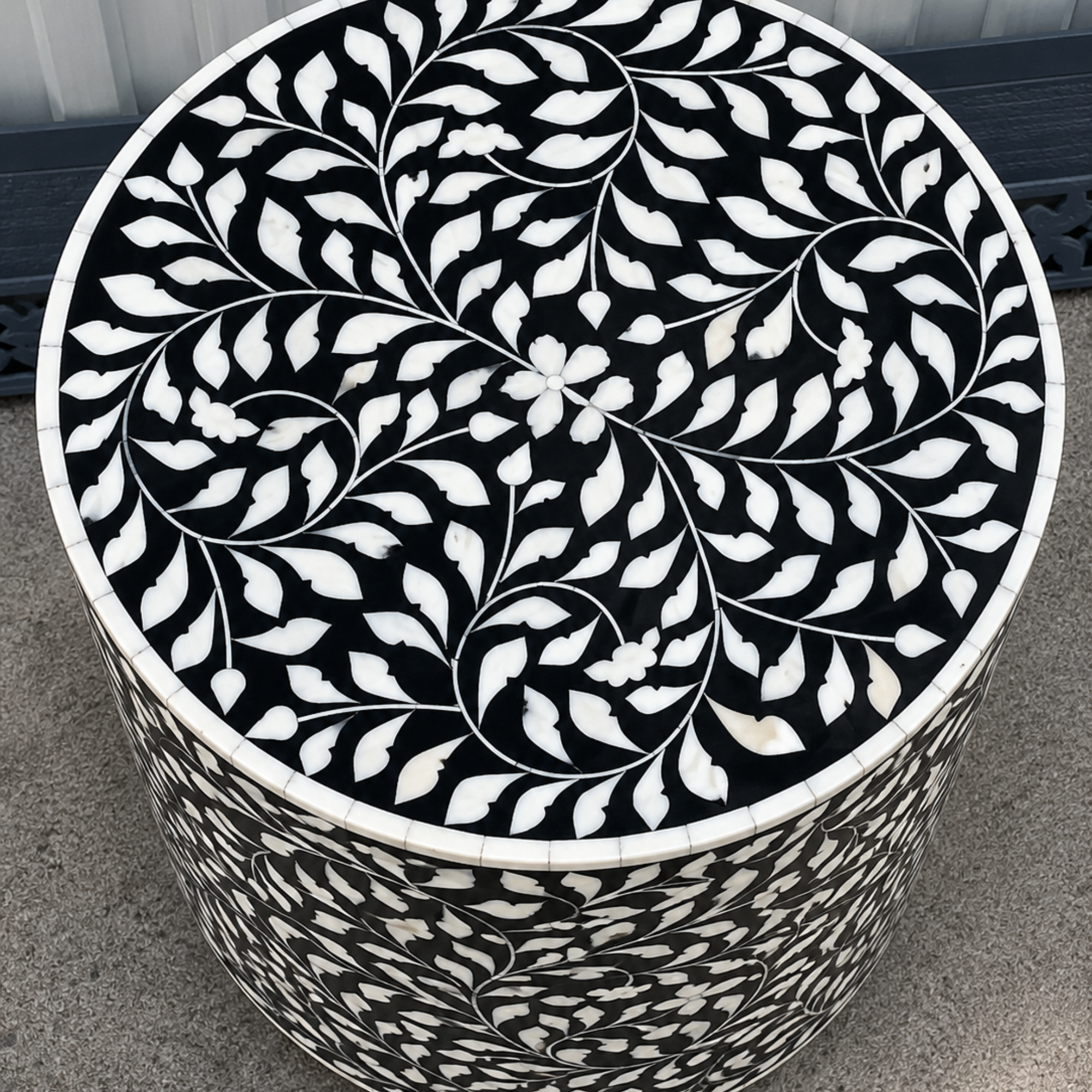 Black Floral Bone Inlay Round Side Table – Handmade Drum End Table