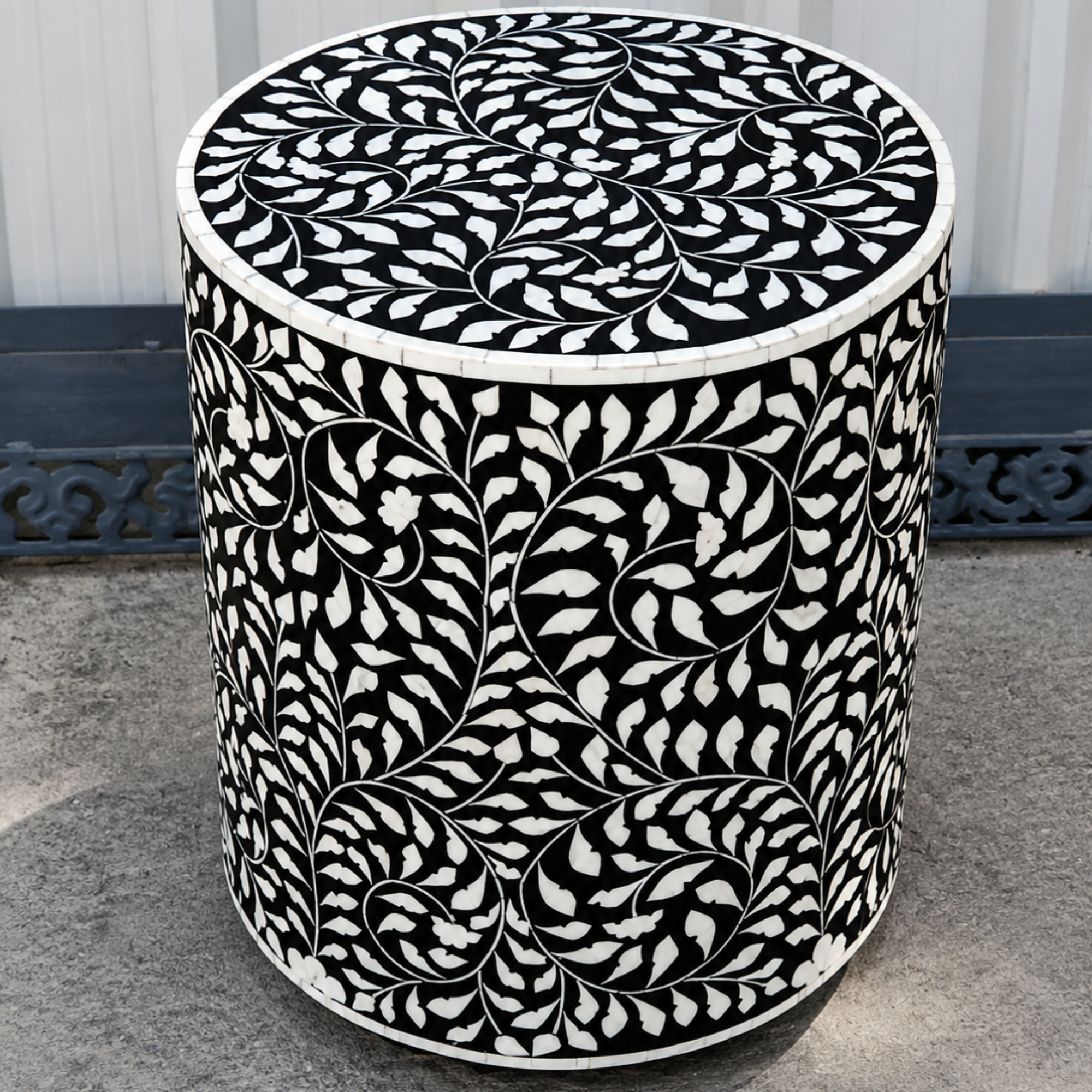 Black Floral Bone Inlay Round Side Table – Handmade Drum End Table
