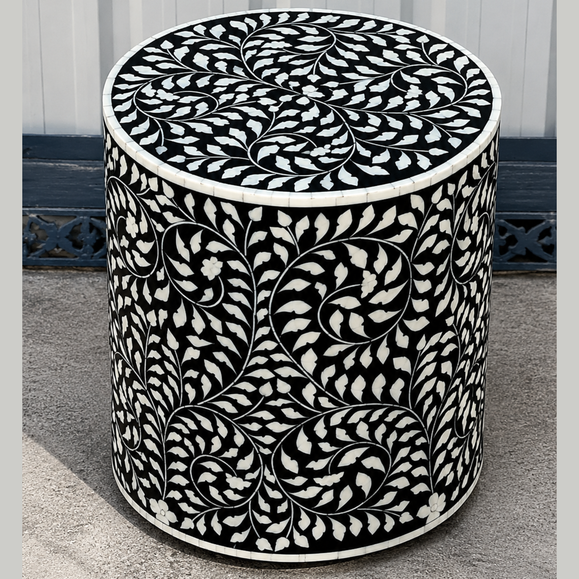 Black Floral Bone Inlay Round Side Table – Handmade Drum End Table