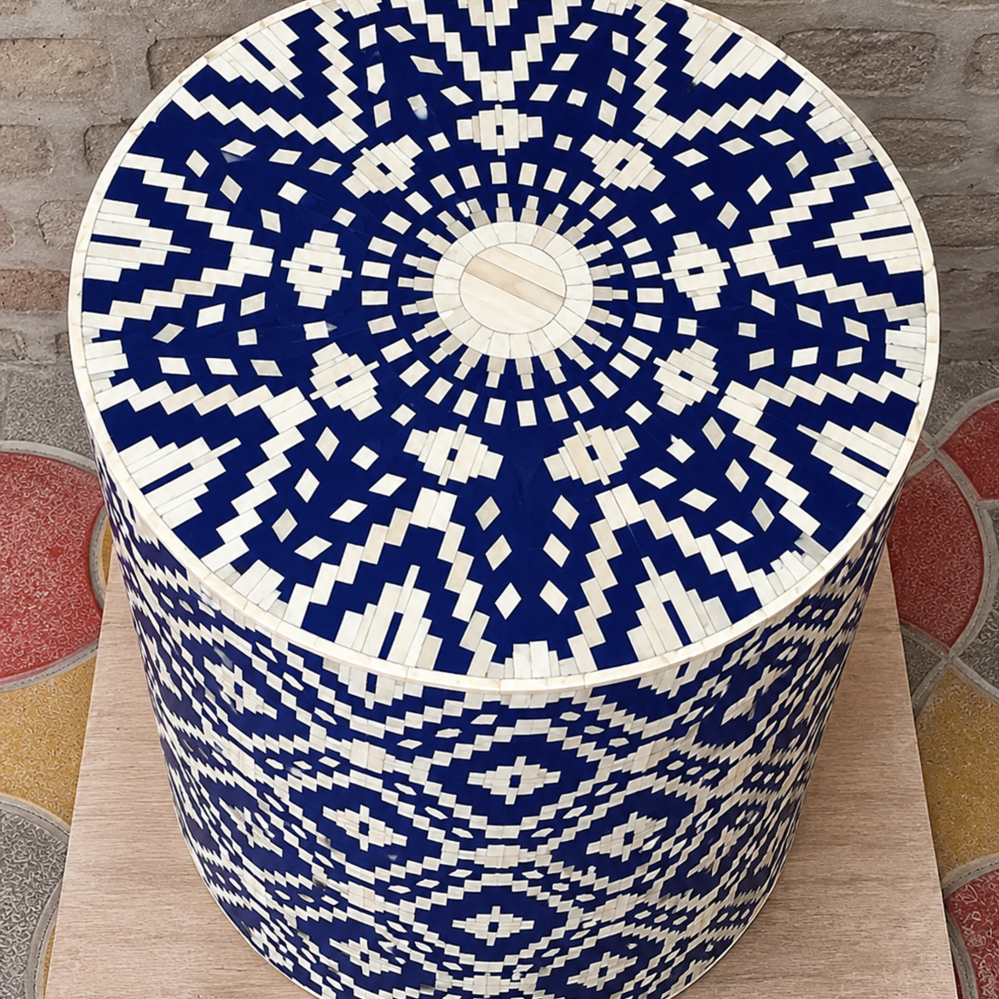 Cobalt Blue Geometric Bone Inlay Drum Side Table – Handmade Round End Table