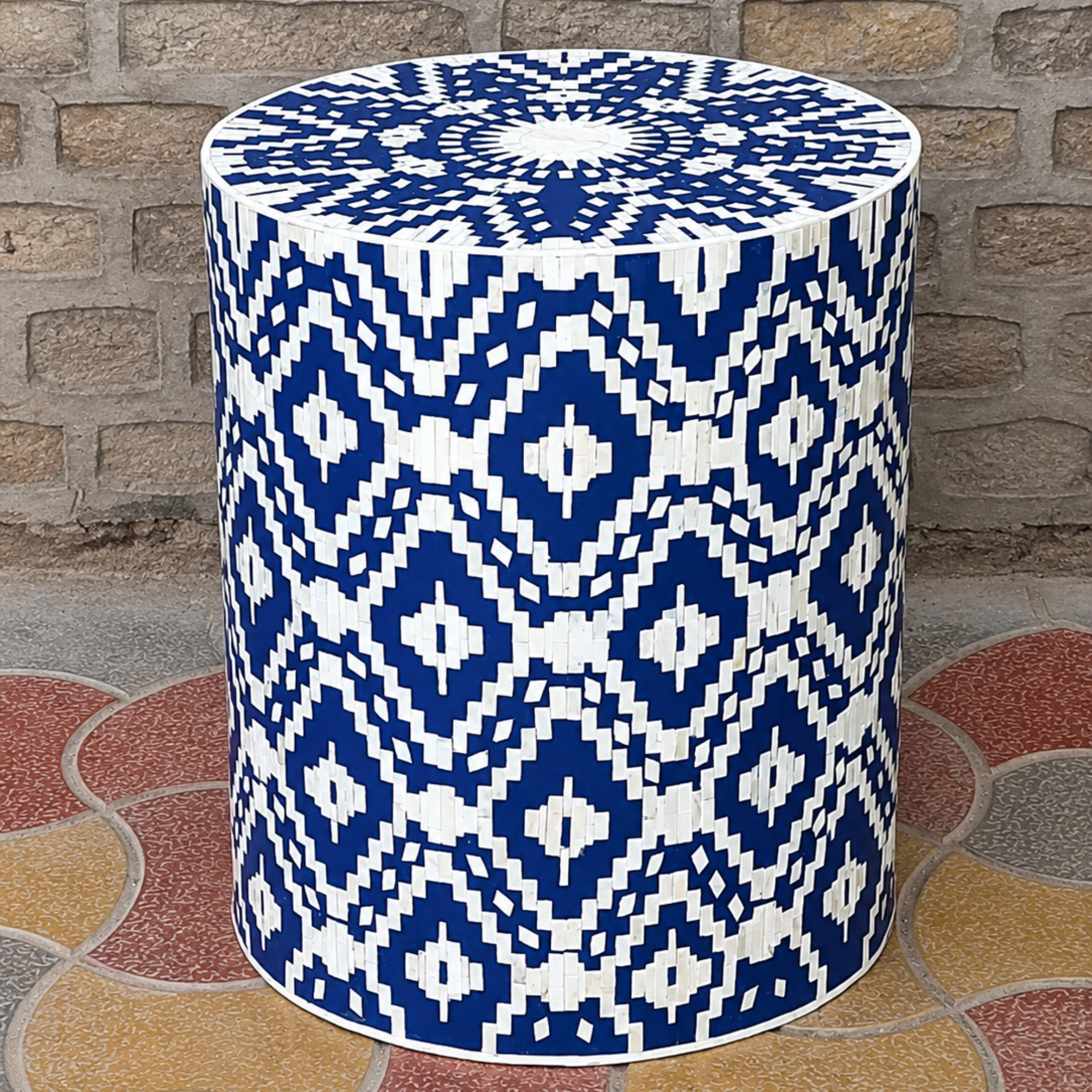 Cobalt Blue Geometric Bone Inlay Drum Side Table – Handmade Round End Table