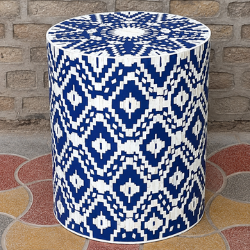 Cobalt Blue Geometric Bone Inlay Drum Side Table – Handmade Round End Table