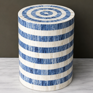 Handmade indigo Stripe Bone Inlay End Table | Round Accent Side Table